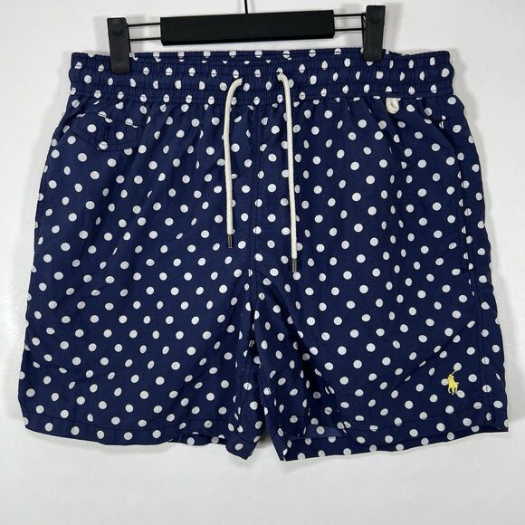 Polo Ralph Lauren Swim Trunks Mens Medium 31x6 Navy White Polka Dots Mesh Lined - Picture 1 of 13